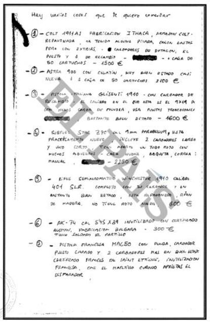 Carta incautada al subteniente del Ejército Francisco Carreras en su domicilio de Alcalá de Henares (Madrid) que revela la correspondencia con sus clientes y proveedores.