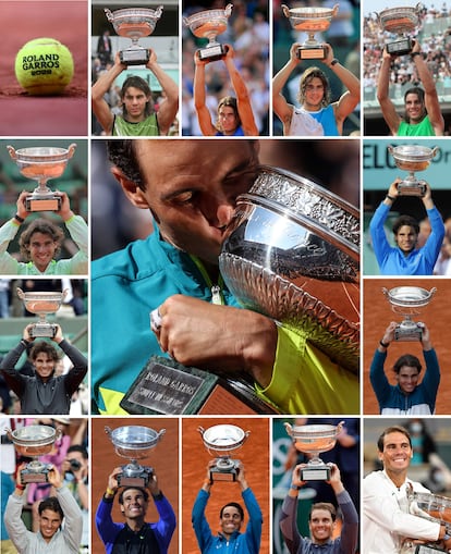 Nadal posa con todos los trofeos que ha ganado en Roland Garros.