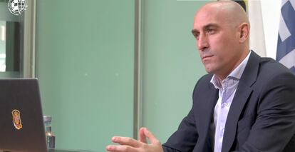 El presidente de la Real Federación Española de Fútbol (RFEF), Luis Rubiales, en la videoconferencia para analizar el futuro de las competiciones europeas en 2020.