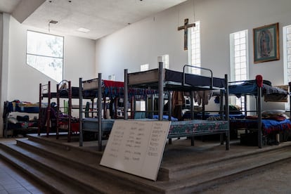 Interior of the men's dormitory at Casa del Migrante, a migrant shelter run by the Catholic Church, in Ciudad Juarez, Mexico, Thursday, April 24, 2025.