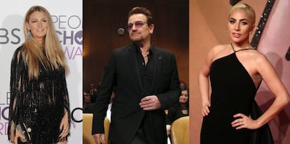 De izquierda a derecha: Blake Lively, Bono y Lady Gaga.