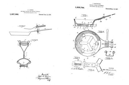 A la izquierda, utensilio para sujetar la cuchara a la sartén, de John A. Burns (1919). A la derecha, otro invento para sostener un tenedor de palo, de John Hauenstein (1917). |