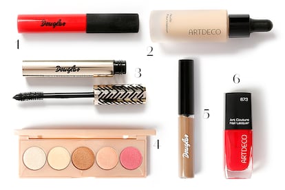 1. Labial Mattissim, de Douglas.10,95 euros. 2. Nude Foundation, de Artdeco. 28,60 euros. 3. Máscara Exception Eye Black, de Douglas. 15,95 euros. 4. My Glow Palette, de Douglas. 15,95 euros. 5. Brow Definer, de Douglas.10,95 euros. 6. Laca de uñas, de Artdeco. 9,99 euros.