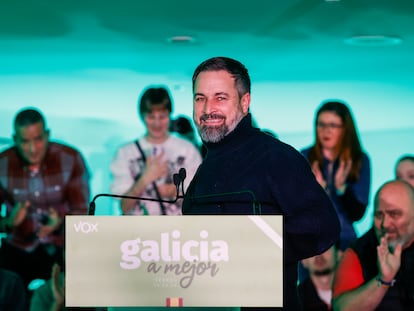 El presidente de Vox, Santiago Abascal, el jueves en un mitin en el hotel almirante de Ferrol.