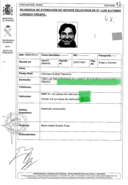 Ficha policial Luis Lorenzo con teléfonos borrados