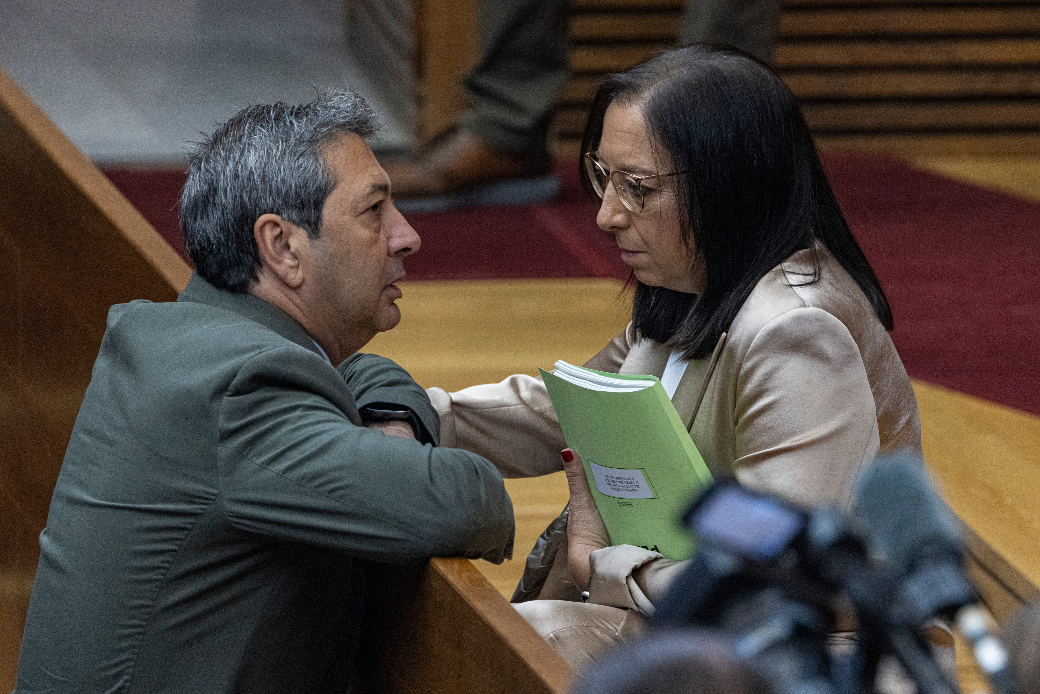 La presidenta de Les Corts Valencianes, Llanos Massó (Vox) conversa con Vicente Barrera antes de la votación de la Ley de la Concordia en una sesión del Parlamento en julio de 2024. 
