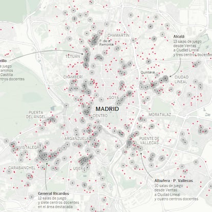 Mapa de casas de apuestas y centros escolares, en 2018 en Madrid.