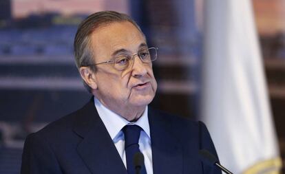 El presidente del Madrid, Florentino Pérez, en la presentación de Mariano.