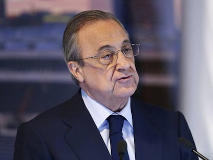 El presidente del Madrid, Florentino Pérez, en la presentación de Mariano.