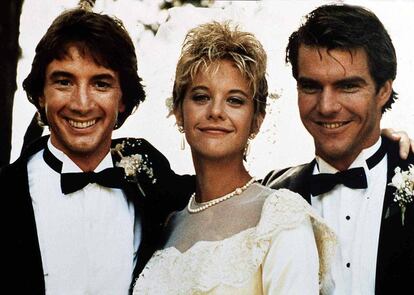 De izquierda a derecha: Martin Short, Meg Ryan y Dennis Quaid, en 'El chip prodigioso' (1987). 