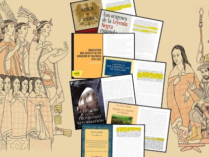 Libros citados en 'Imperiofobia' sobre el dibujo que ilustra la portada del ensayo de Roca Barea.