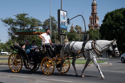 Turistas pasean en un carruaje con caballo bajo altas temperaturas por el centro de Sevilla.