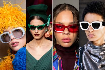 3. Acetatos de colores
El color también se sube por las patillas, que se tiñen de tonalidades saturadas para renovarse y convertirse en un accesorio de moda. En la imagen, desde la izda., las propuestas en pasarela de Loewe, Dolce & Gabbana, Versace y Gucci.