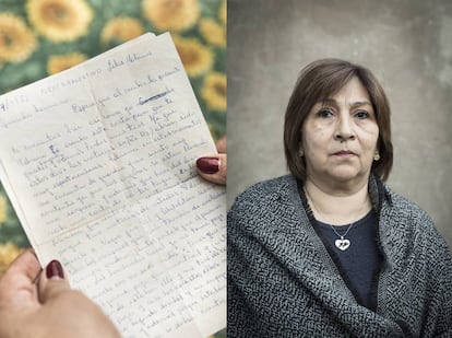 Familiares de soldados fallecidos en las Malvinas junto a cartas escritas por estos: Adriana Rodríguez, hermana del soldado Mario Rodríguez.