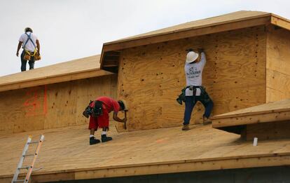 Construction workers building a house in Boca Raton, Florida.
