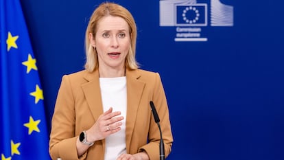 La alta representante de Política Exterior de la UE, Kaja Kallas, en una comparecencia ante la prensa en Bruselas, este jueves.