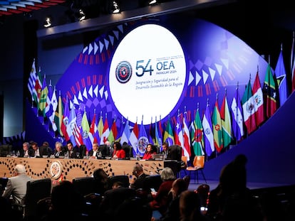 Representantes de los países miembros de la OEA durante la 54ª Asamblea General, en Luque (Paraguay), este 28 de junio.