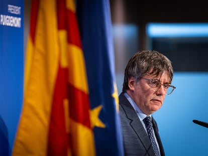 Carles Puigdemont, durante una rueda de prensa en Bruselas, a inicios de septiembre.