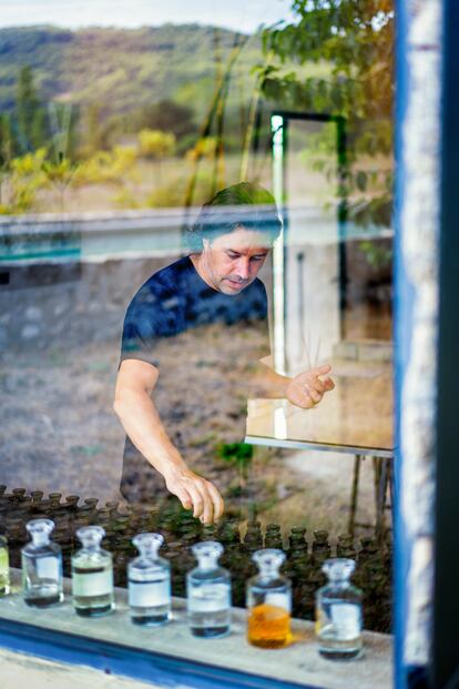 Aurélien Guichard en su laboratorio en medio del campo, a 10 kilómetros de Grasse y a diez pasos de sus plantaciones de rosa y nardo, examina los frascos de sus últimas creaciones.