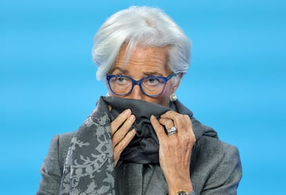 La presidenta del BCE, Christine Lagarde, durante la rueda de prensa de este jueves en Fráncfort.
