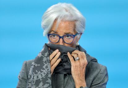 La presidenta del BCE, Christine Lagarde, durante la rueda de prensa de este jueves en Fráncfort.