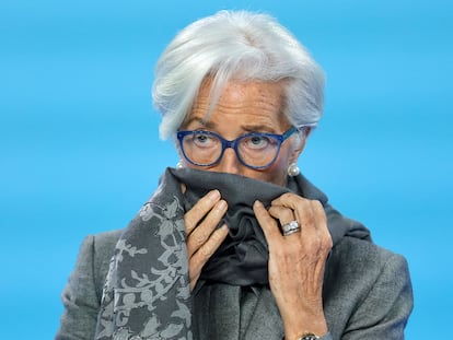 La presidenta del BCE, Christine Lagarde, durante la rueda de prensa de este jueves en Fráncfort.