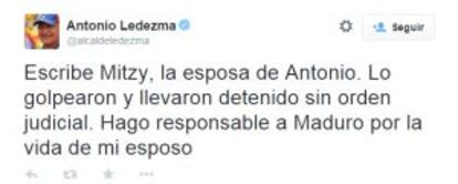 Twitter de @alcaldeledezma. Escreve a esposa de Ledezma.