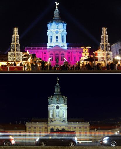 Arriba, tradicional mercadillo navideño en el palacio de Charlottenburg en Berlín (Alemania), el 24 de noviembre de 2008. Abajo, el mismo lugar el 24 de noviembre de 2020.