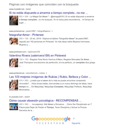 Resultados en la búsqueda inversa de imágenes de Google: Foto de chica rubia utilizada en diferentes plataformas