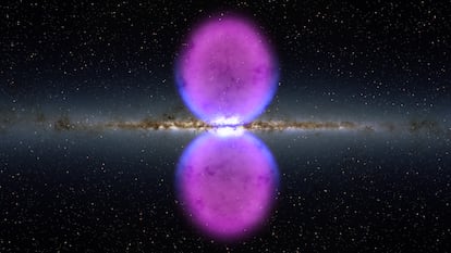 Ilustración de la Vía Láctea con las dos burbujas de rayos gamma descubiertas por el telescopio 'Fermi'.