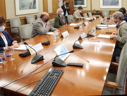 El ministro de Sanidad, Salvador Illa, y el consejero de Sanidad de la Comunidad de Madrid, Enrique Ruiz Escudero, durante la reunión de este lunes.