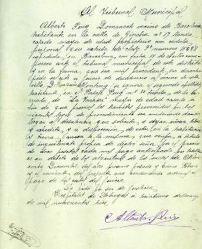 Documento de 1913 en el que Albert Puig pide el desahucio.