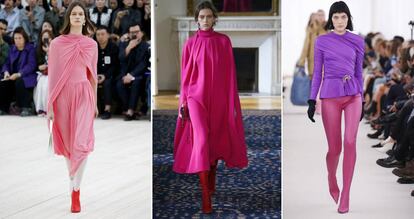 De izquierda a derecha: propuestas enrosa para el pr&oacute;ximo verano de C&eacute;line, Valentino y Balenciaga.