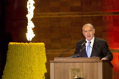 Netanyahu, durante el acto de homenaje a las v&iacute;ctimas del Holocausto en Jerusal&eacute;n.