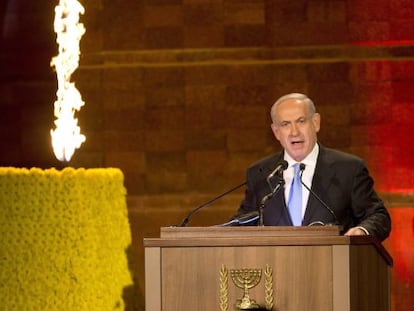 Netanyahu, durante el acto de homenaje a las v&iacute;ctimas del Holocausto en Jerusal&eacute;n.