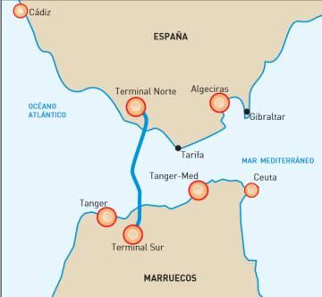 Mapa del posible trazado del túnel entre España y Marruecos.