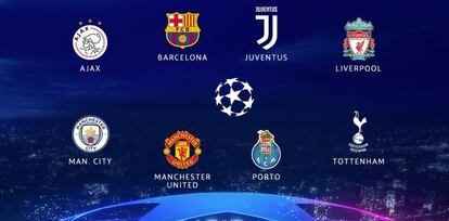 Los escudos de los ocho equipos clasificados para los cuartos de final de la Champions League.