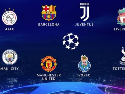 Los escudos de los ocho equipos clasificados para los cuartos de final de la Champions League.