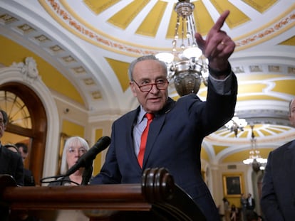 U.S. Senate Majority Leader Chuck Schumer speaks during a press conference on Capitol Hill on March 12, 2024.