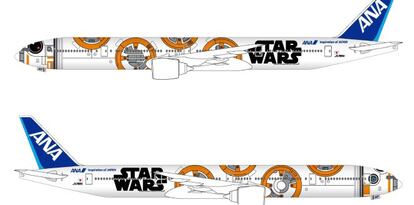 Imagen cedida por la aerolínea japonesa All Nippon Airways (ANA) del nuevo Boeing 777-300ER que la compañía ha diseñado inspirándose en el robot BB-8.