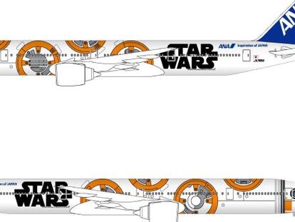 Imagen cedida por la aerol&iacute;nea japonesa All Nippon Airways (ANA) del nuevo Boeing 777-300ER que la compa&ntilde;&iacute;a ha dise&ntilde;ado inspir&aacute;ndose en el robot BB-8.