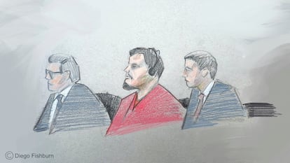 Boceto de la sala del tribunal durante la audiencia de detención de Kilmar Abrego García, en Nashville, Tennessee, el 25 de junio.