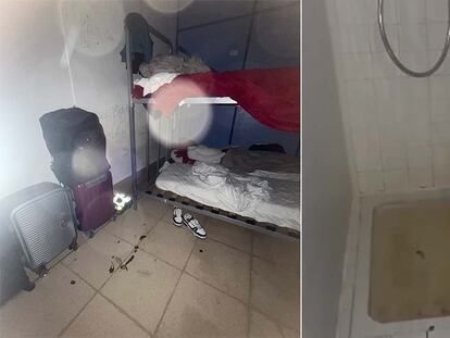 Zona de literas y ducha de una sala de solicitantes de asilo en el Aeropuerto de Barajas.