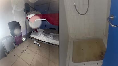 Zona de literas y duchas en condiciones insalubres en una sala para peticionarios de asilo del Aeropuerto de Madrid-Barajas.