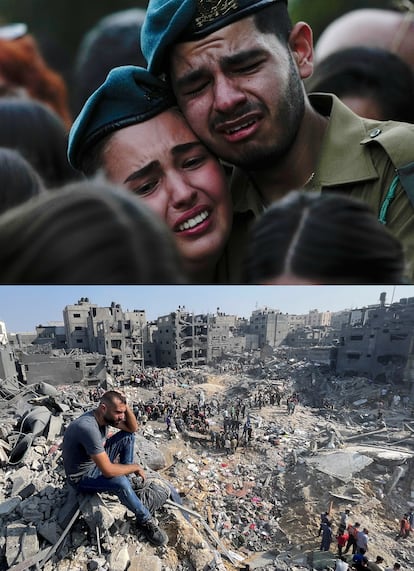 Israeli soldiers cry during the funeral of Sgt. Yam Goldstein and her father, Nadav, in Kibbutz Shefayim, Israel, Monday, Oct. 23, 2023