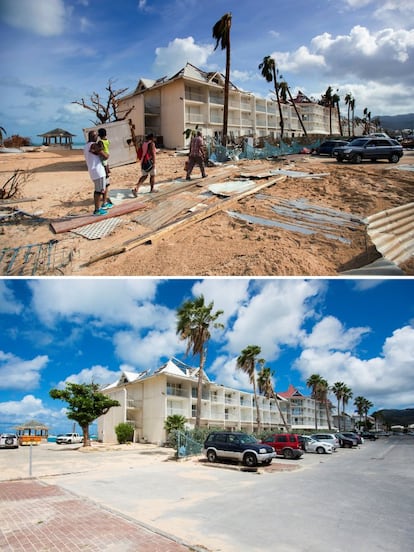 En la fotografía de arriba un grupo de gente camina por una calle dañada y cubierta de arena en Marigot, en la parte francesa de la isla caribeña de San Martín, el 7 de septiembre de 2017, tras el paso del huracán Irma. En la imagen de abajo se muestra el mismo lugar reconstruido el 28 de febrero de 2018.