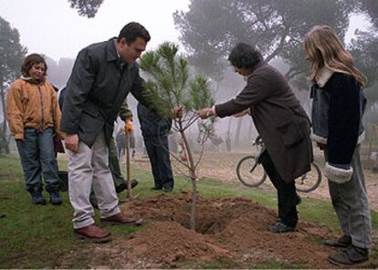 Federico Sepúlveda e Inés Sabanés, ayer, durante la plantación de árboles en la Dehesa de la Villa.
