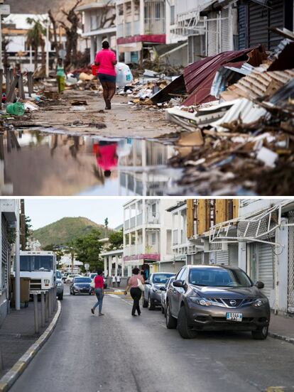 La fotografía de arriba muestra una calle llena de escombros en Marigot, en la parte francesa de la isla caribeña de San Martín, el 11 de septiembre de 2017. En la imagen de abajo aparece la misma vía el 27 de febrero de 2018.
