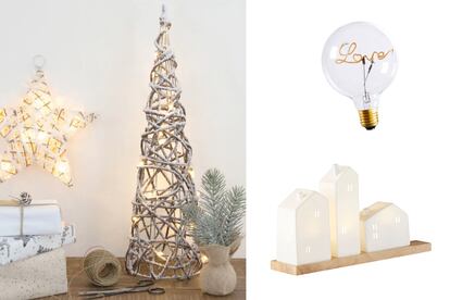 En la imagen: LOVE CLEAR – Bombilla LED con mensaje (19,99 €), NORWAY – Tres casas luminosas (99,99 €) y Decoración de Navidad en forma de árbol con LED (24,99 €). Todo, de Maisons du Monde.