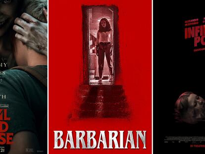 This combination of images shows promotional art for the films "Evil Dead Rise," "Barbarian," and "Infinity Pool."